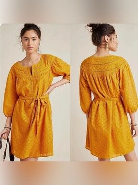 Anthropologie Embroidered Tie-Waist tunic  Dress,Honey mustard with gold NWTSZ:L